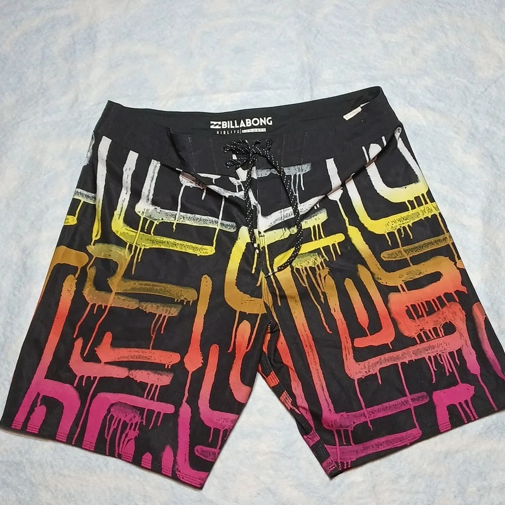 Billabong Men's Black with Colorful Drip Pattern Board Shorts
